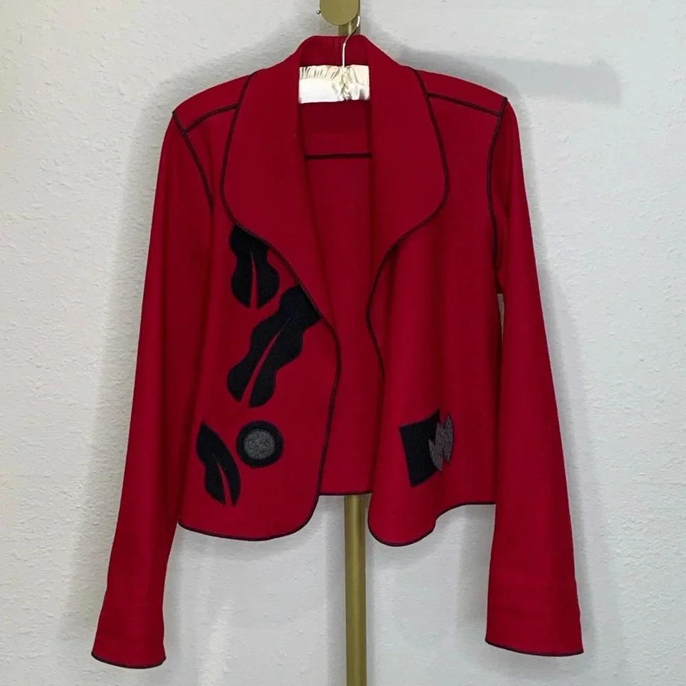 Vintage 80s Beppa 100% Wool Deep Cobalt Red Coat XS/S/M Bohemian Folk Art Design